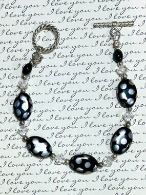 Glass Black & Silver Polka Dot and Silver Bracelet